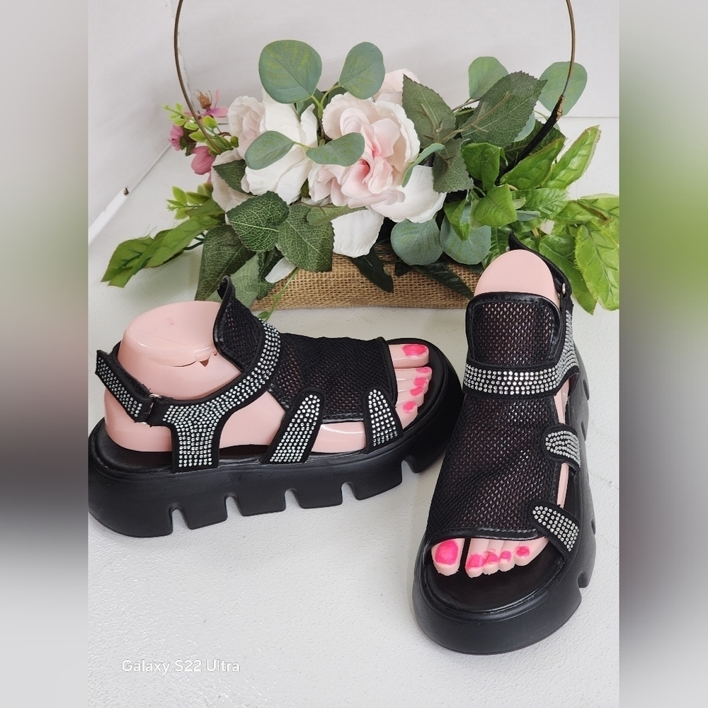 Black Sandals with Rhinestone Accents